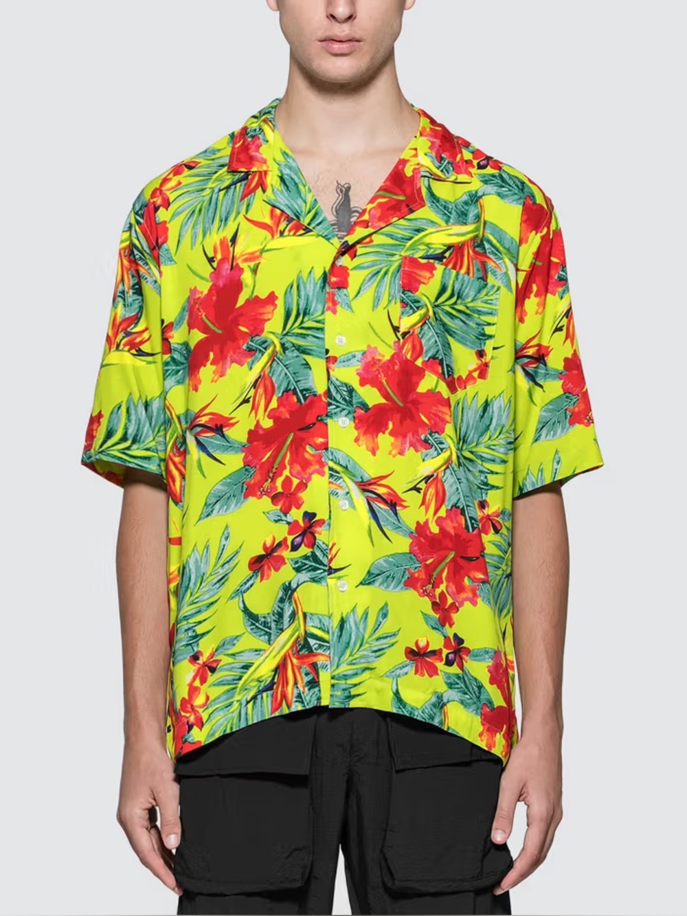 RHUDE Hawaiian Neon Floral Button-Up S/S Camp Shirt Size Medium Rayon Italy $535